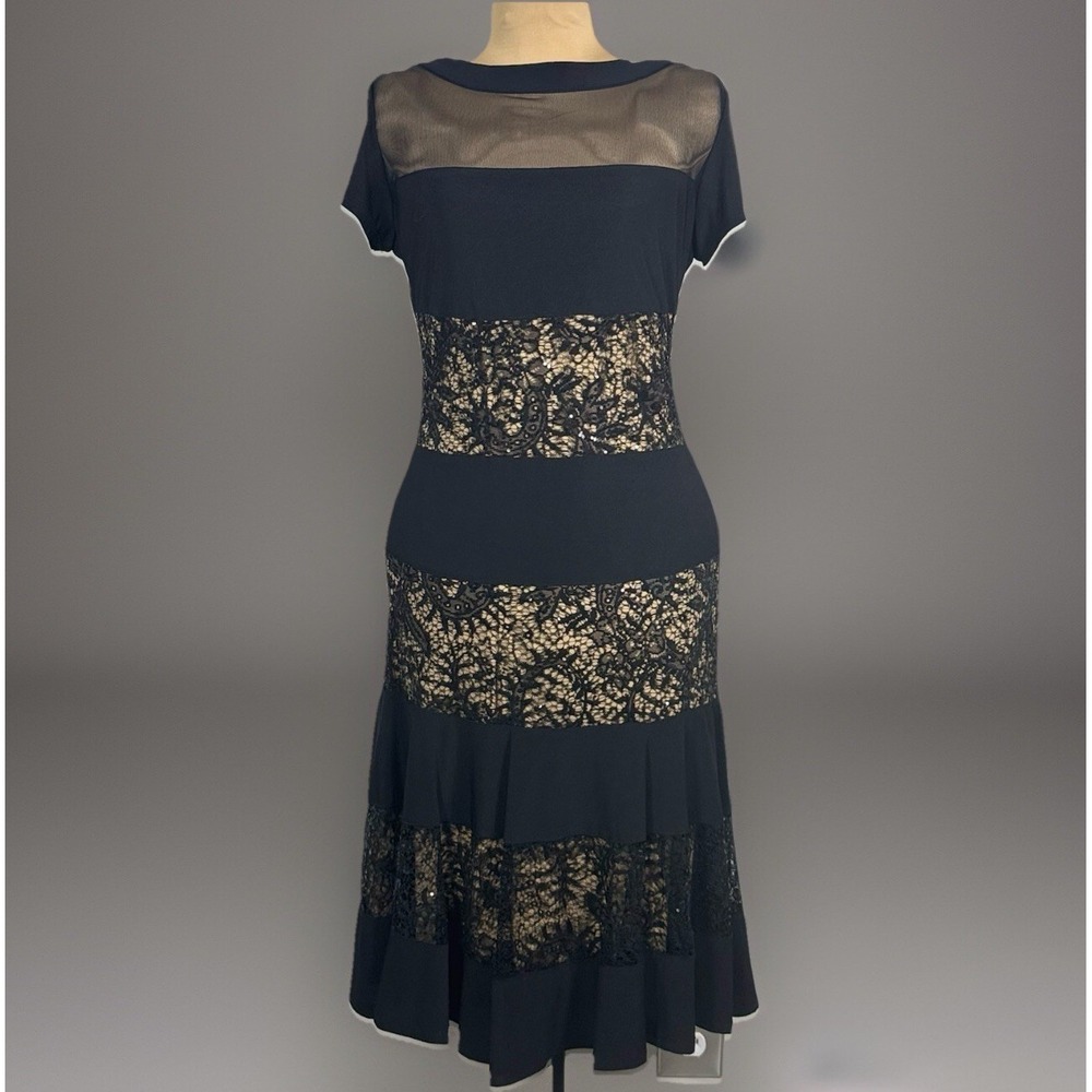 NWT R&M Richards Black Nude Sequin Inset Short Sleeve‎ Midi Flare Dress 14 Party